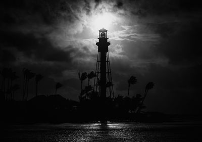 Silhouette of lighthouse at night