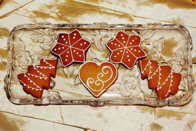 Directly above shot of heart shape cookies on table