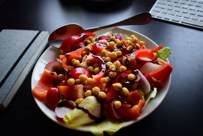 High angle view of fruits in bowl on table