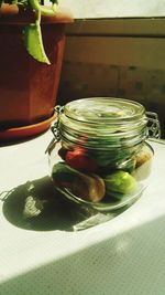 Close-up of food in jar on table