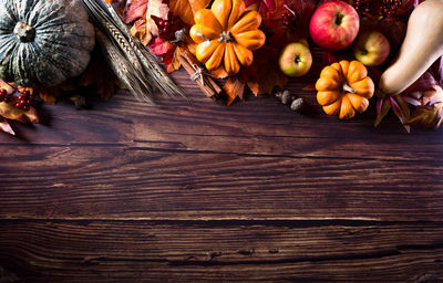 High angle view of pumpkins on table