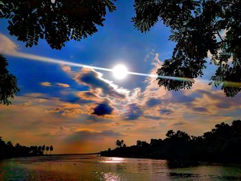 Reflection of trees in water at sunset