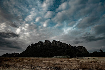 Scenic view of rocks on field against sky