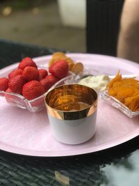 Close-up of breakfast served on table
