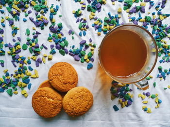 High angle view of cookies on table