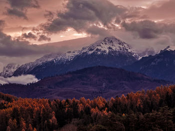 Scenic view of snowcapped mountains against sky during sunset