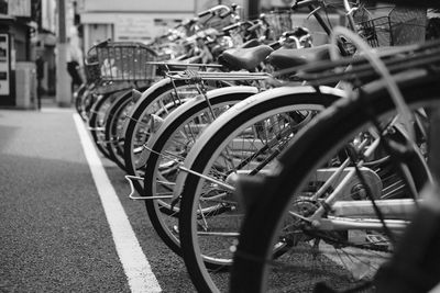 Close-up of bicycle parking lot