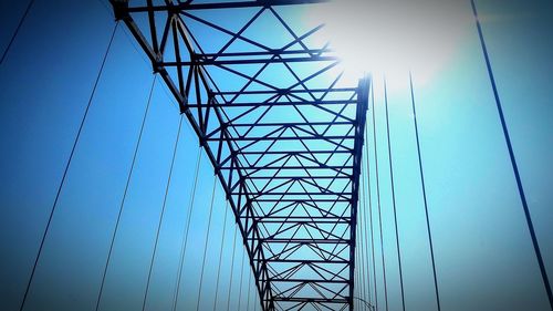 Low angle view of suspension bridge against blue sky