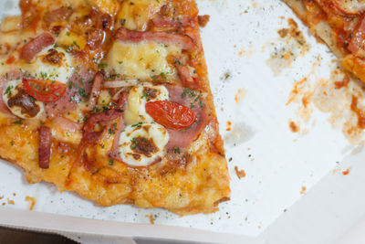 High angle view of pizza on table