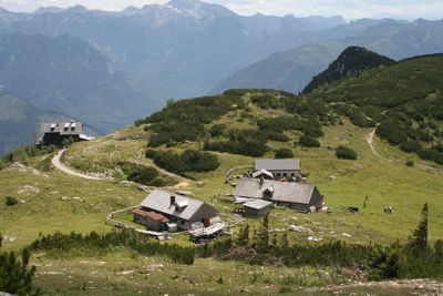 High angle view of mountains against sky