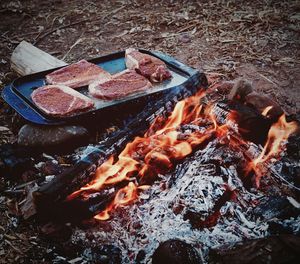 Close-up of meat on barbecue grill