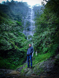 Man standing by waterfall in forest