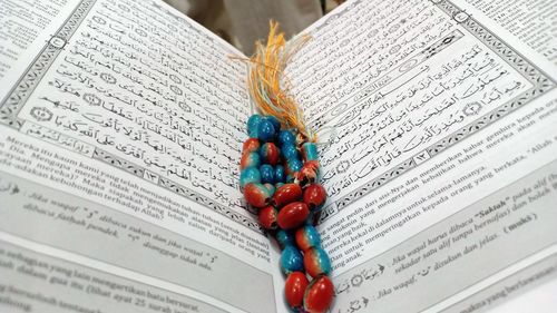 High angle view of text on book