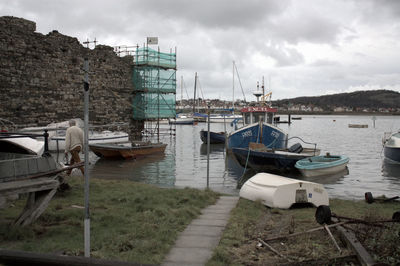 Boats moored at harbor in city against sky