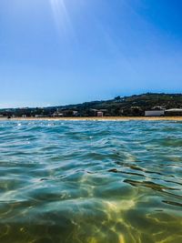 Scenic view of sea against clear blue sky