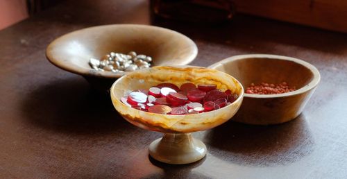 High angle view of fruits in bowl on table