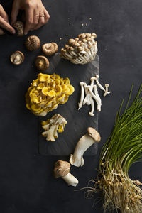 Assortment of fresh raw mushrooms on black slate surface