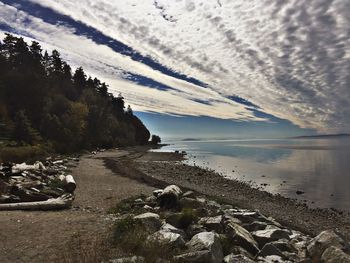 View of calm lake against cloudy sky