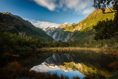 Scenic view of lake and mountains against sky