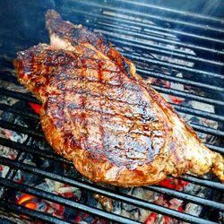 Close-up of meat on barbecue grill