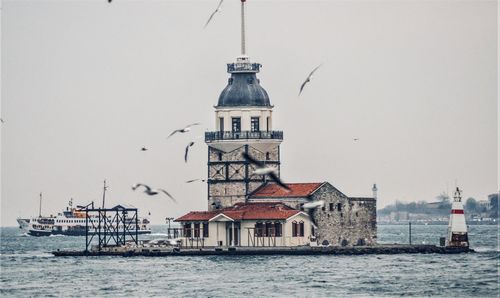 Low angle view of lighthouse by sea against clear sky