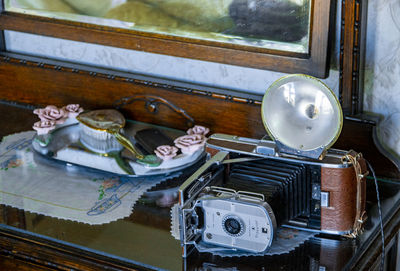 High angle view of old car on table