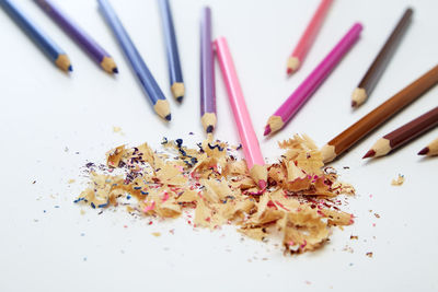 High angle view of colored pencils on table