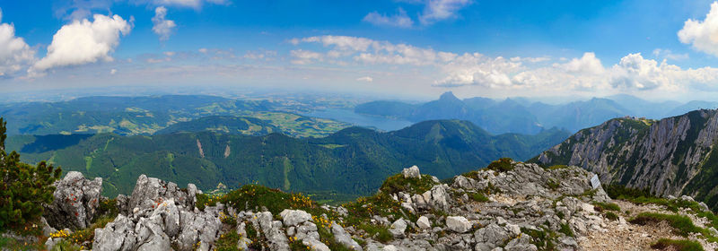 Panoramic view of landscape and mountains against sky