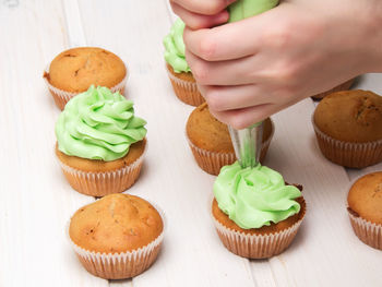 High angle view of cupcakes on table