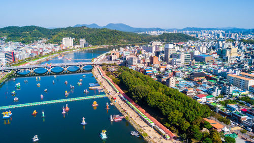 High angle view of buildings in city