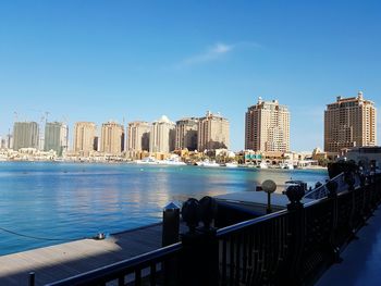 View of cityscape against blue sky