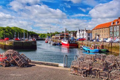 Stack of crab pots at harbor