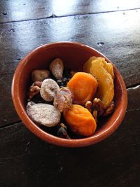 High angle view of fruits in bowl on table