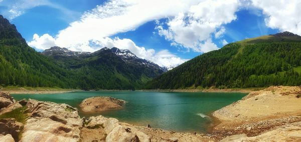 Scenic view of lake against cloudy sky