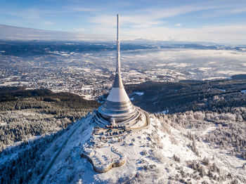 High angle view of landscape against sky during winter