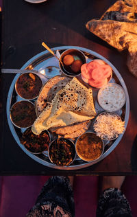 High angle view of breakfast served on table