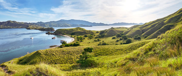 Scenic view of sea and mountains against sky