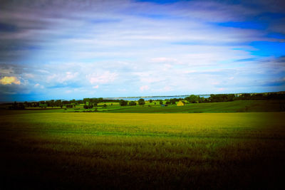 Scenic view of agricultural field against sky