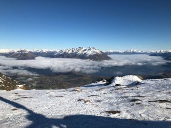 Scenic view of snowcapped mountains against clear blue sky