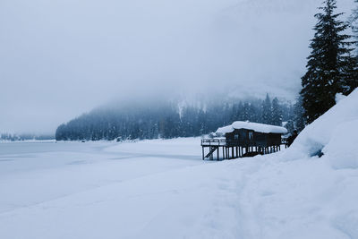 Scenic view of snow covered field against sky