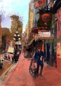 Full length of wet man in city against sky