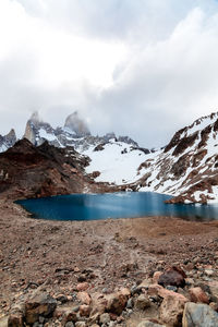 Scenic view of snowcapped mountains and lake against sky