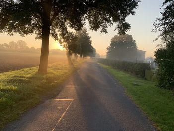 Road amidst trees on field against sky during sunset