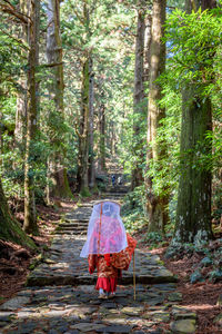 Rear view of woman standing in forest