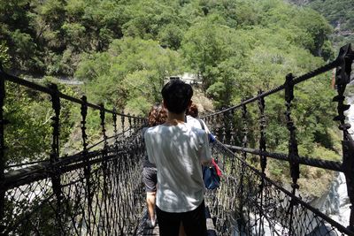 Rear view of friends walking on rope bridge over trees on mountain