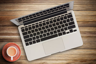 High angle view of laptop on table
