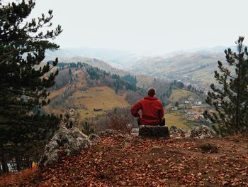 Rear view of man sitting on hill