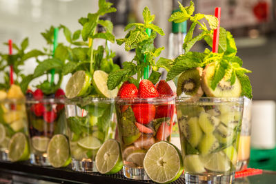 Close-up of fruits in glass container