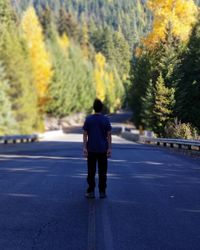 Rear view of man walking on road