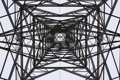 Looking up through the centre of an electricity distribution pylon